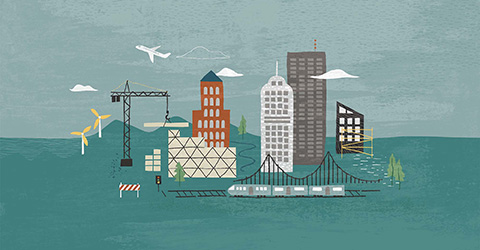 A graphic of a city with 5 tall buildings and a bridge and building equipment